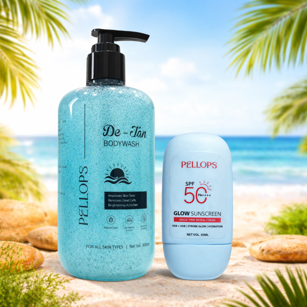 Sun Defense & De-Tan Solutions - Glow Sunscreen SPF 50 & Exfoliating Body Wash